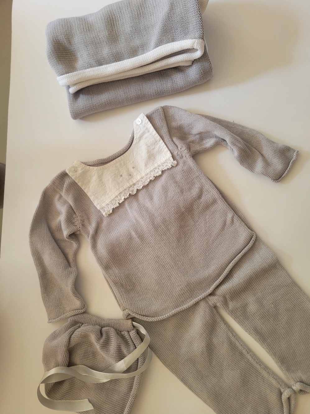 Neutral Knit Baby Set with Lace Bib Detail